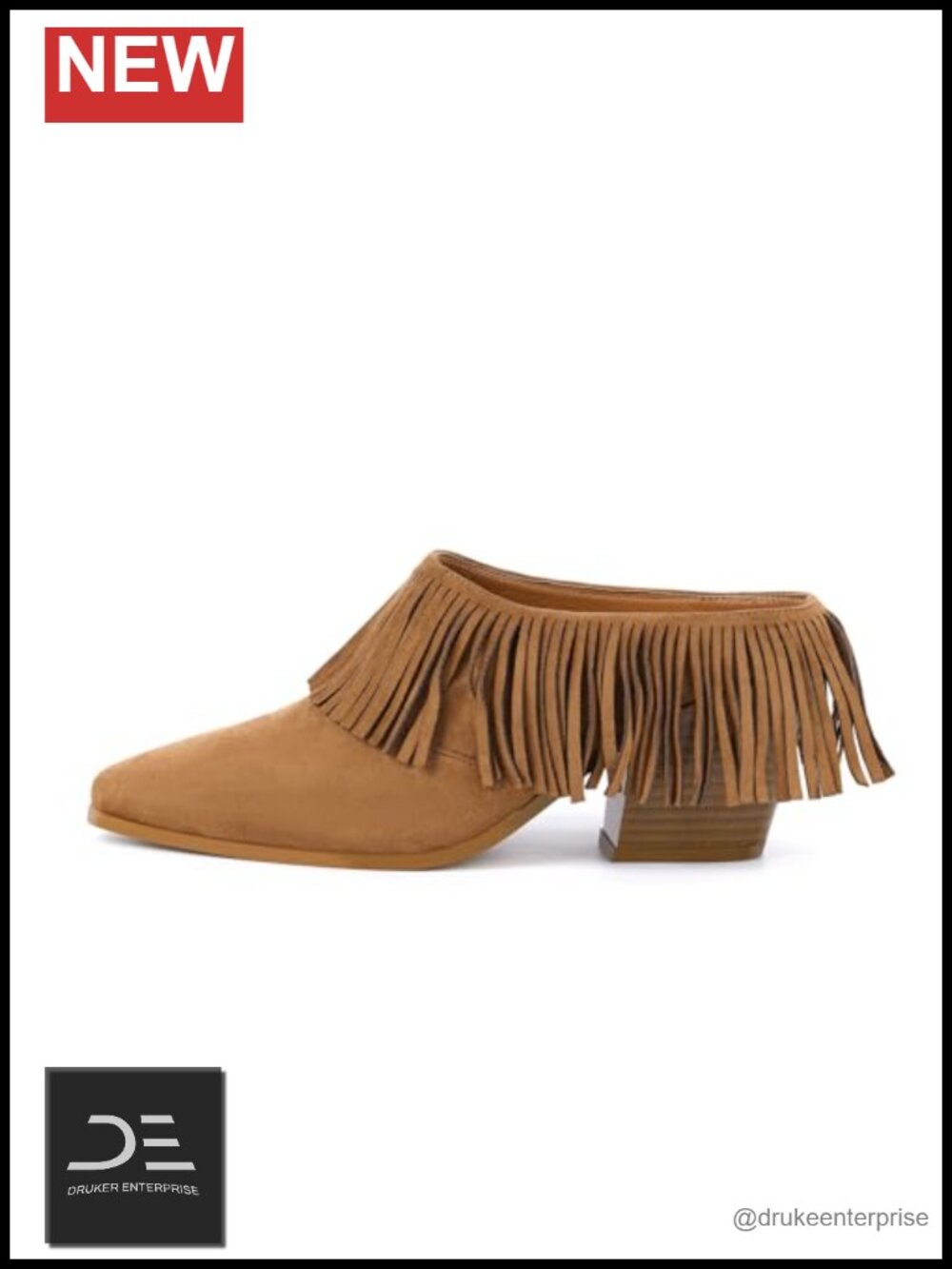 Women's Fringe Mules Chunky Heeled Slides Pointed Toe Slip On Faux Leather Shoes